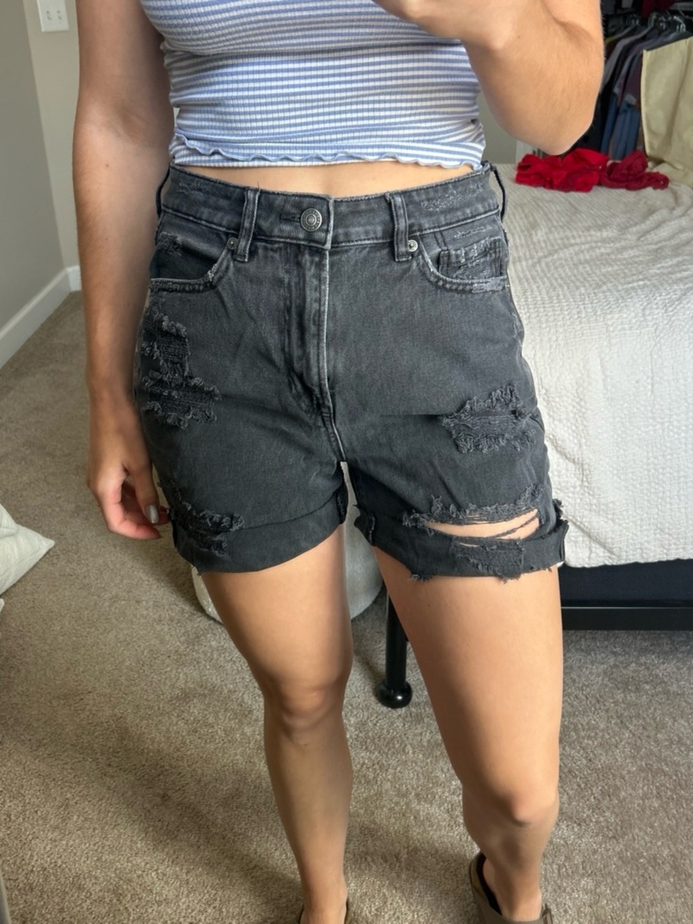 High-Rise Distressed Black Denim Shorts